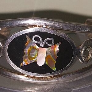 Vintage Alpaca Mexico Silver Tone Mother Pearl Butterfly Cuff Bracelet